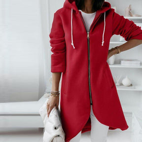 Even&Vil® - Motor Red Uneven Hem Zip Up Hoodie Cardigan