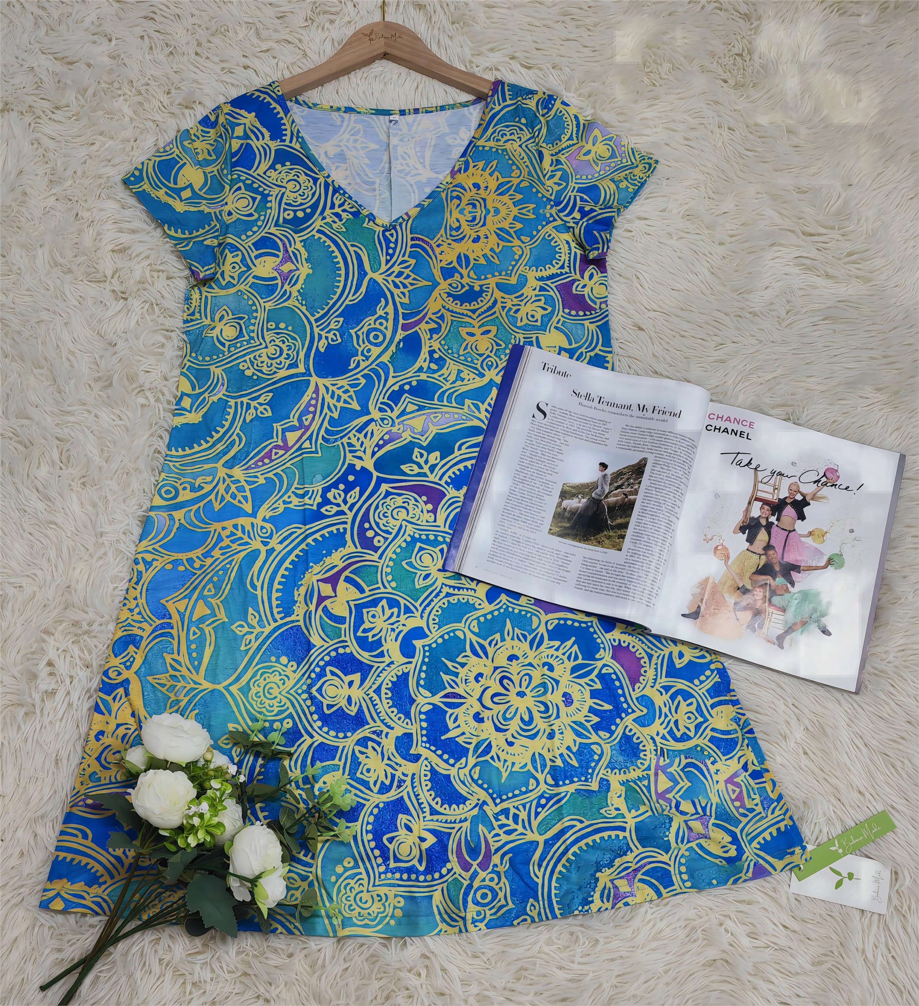 SpringStil® - Ozeanblaues knielanges Minikleid mit Mandaladruck und kurzen Ärmeln