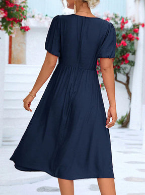 SpringStil® - Navy blue solid color midi dress with short sleeves