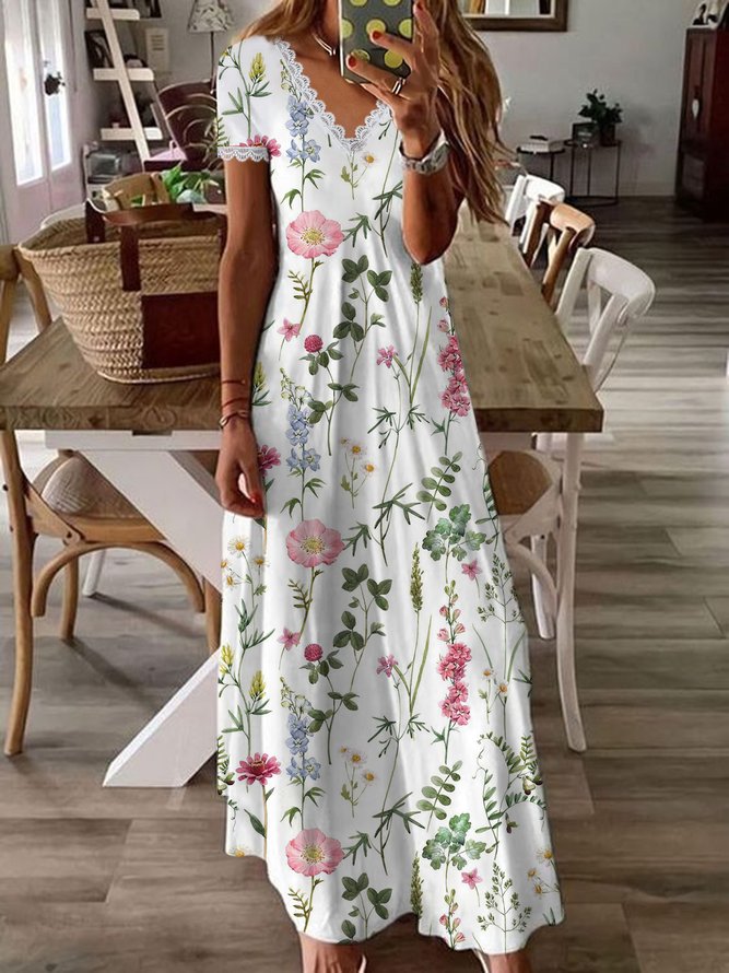 SpringStil® - Garten Print V-Ausschnitt Weißes Maxi-Sommerkleid