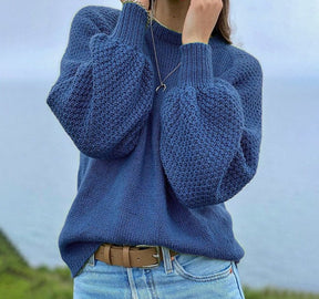 Even&Vil® - Wunderschöner einfarbiger blauer Pullover mit Ballonärmeln