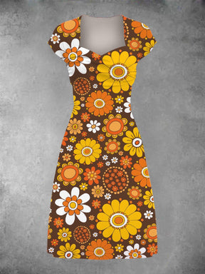 BlütenBliss® - Damen Vintage Blumendruck Patchwork lässig Midikleid