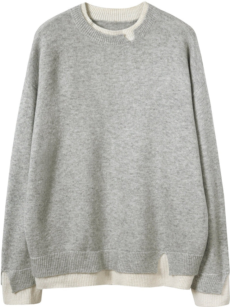 BlütenBliss® - Grauer und weißer übergroßer Pullover mit langen Ärmeln und Cut-Out